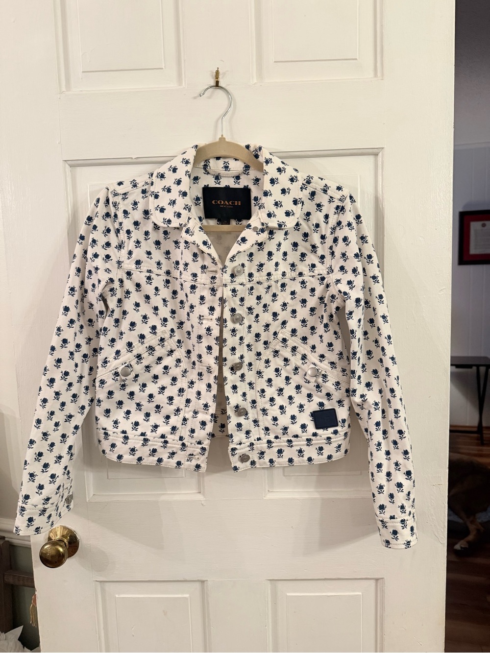 COACH White Denim Jacket with Navy Floral Print